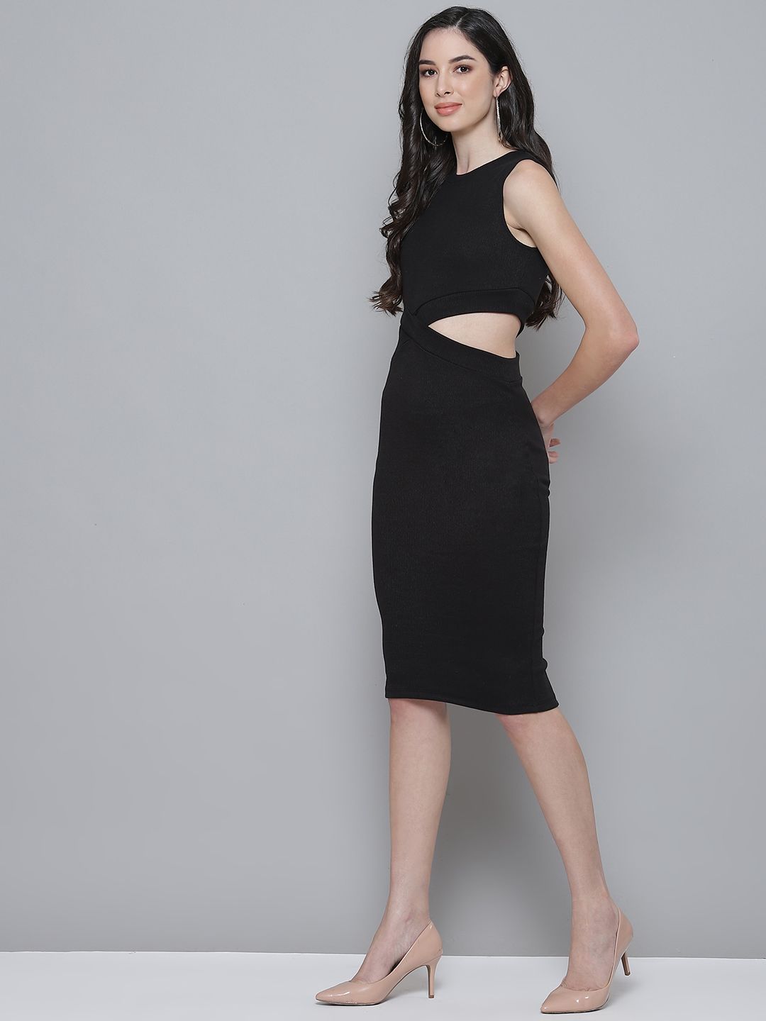 SASSAFRAS Black Ribbed Cut-Out Bodycon Dress