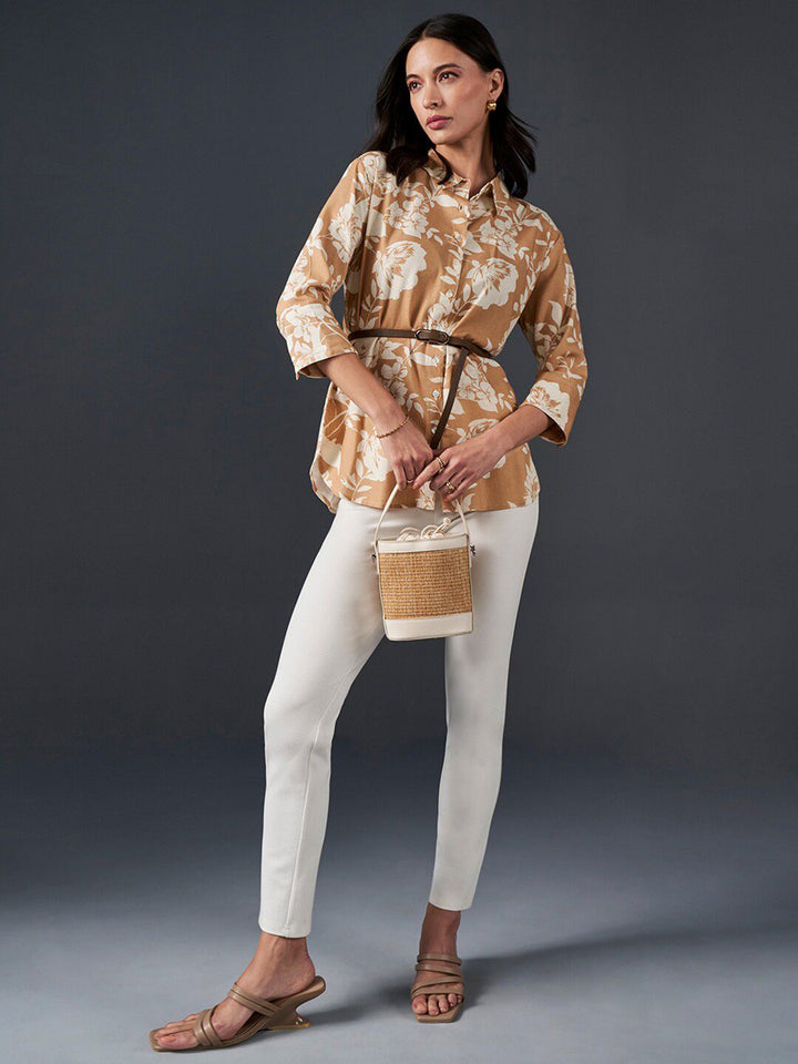 AND Floral Printed Shirt Collar Style Top