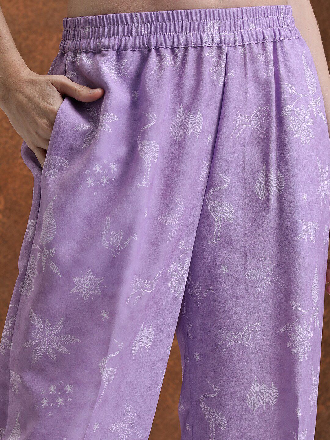Vishudh Lavender Floral Printed Extended Sleeves Kaftan Tunic With Trousers
