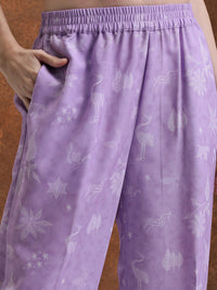 Vishudh Lavender Floral Printed Extended Sleeves Kaftan Tunic With Trousers