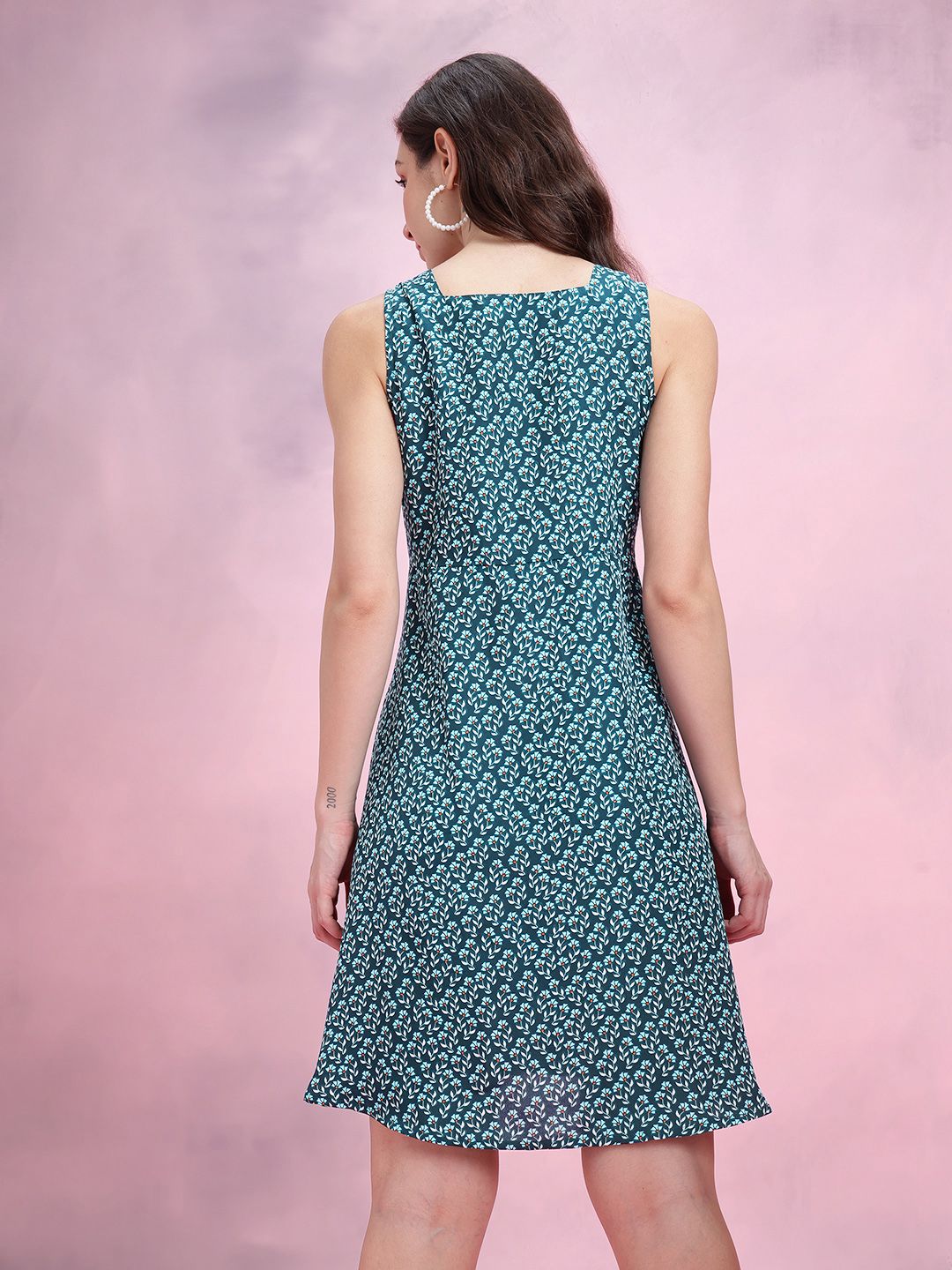 DressBerry Floral Printed Square Neck A-Line Dress