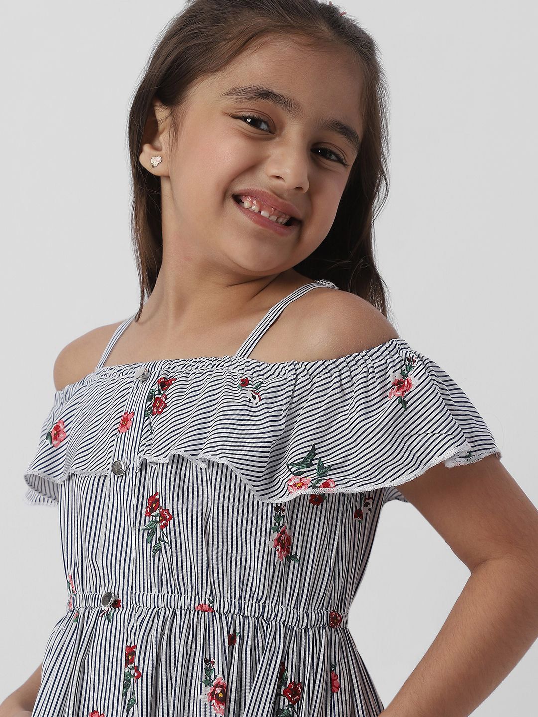 Nauti Nati Girls Floral Striped Cold-Shoulder Ruffled Fit & Flare Dress