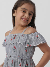 Nauti Nati Girls Floral Striped Cold-Shoulder Ruffled Fit & Flare Dress