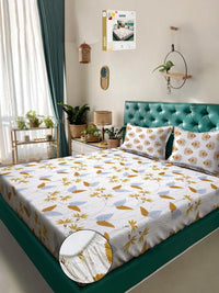 Set Cadar Kembar KLOTTHE Cream Dan Bunga Kuning Bercetak Bunga 400 TC 2.50 m x 2.20 m