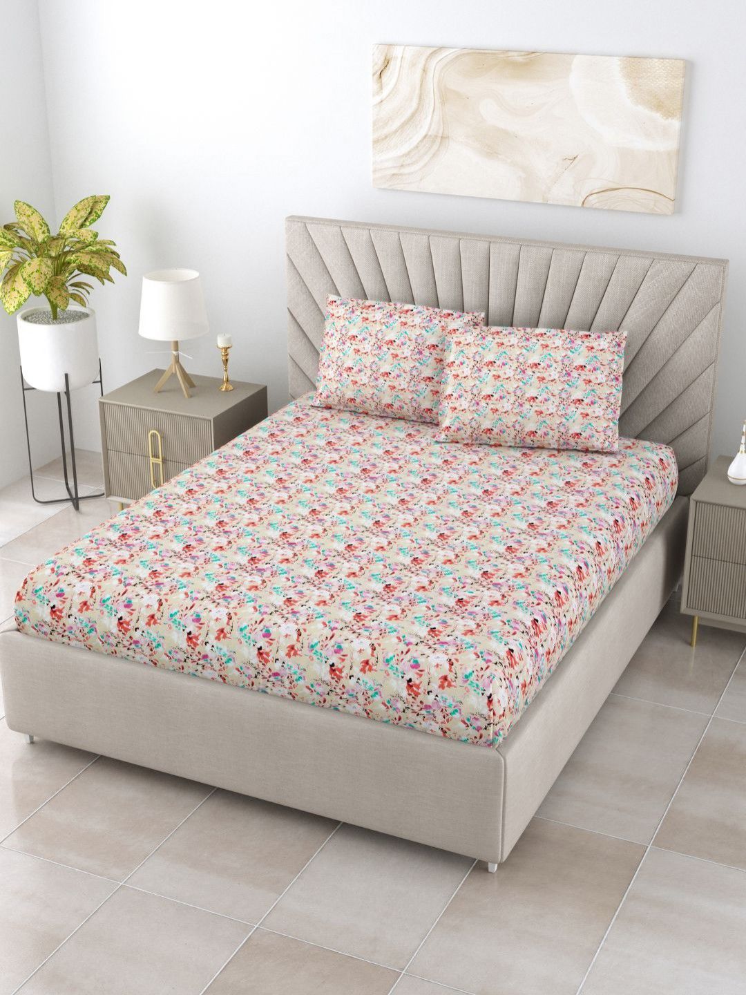 BOMBAY DYEING Dream Lover Brown Floral 104 TC Cotton Queen Bedsheet Set-2.24 m X 2.54 m