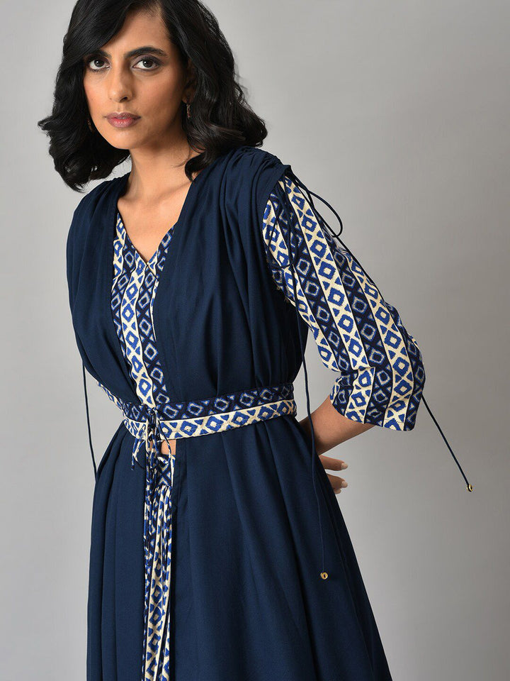 W Women Blue Solid Gathered Cape with Ikkat Printed Crop Top and Skirt Co-ord Set