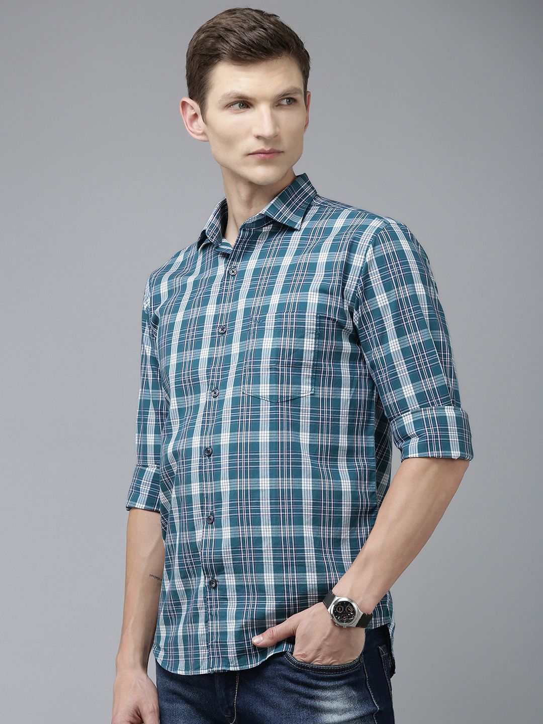 Park Avenue Men Slim Fit Tartan Checks Opaque Pure Cotton Casual Shirt