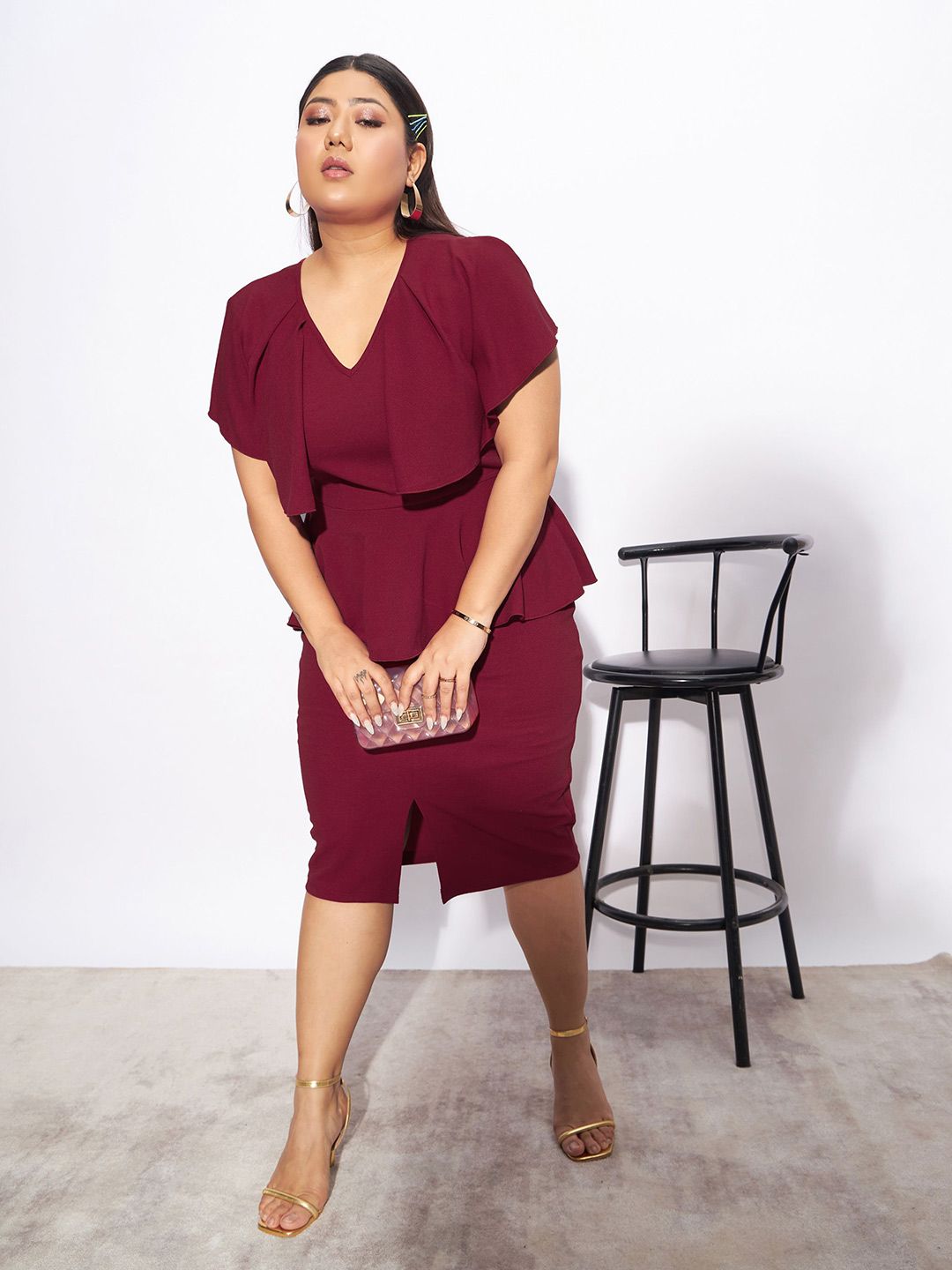 SASSAFRAS Curve Plus Size V-Neck Peplum Midi Dress