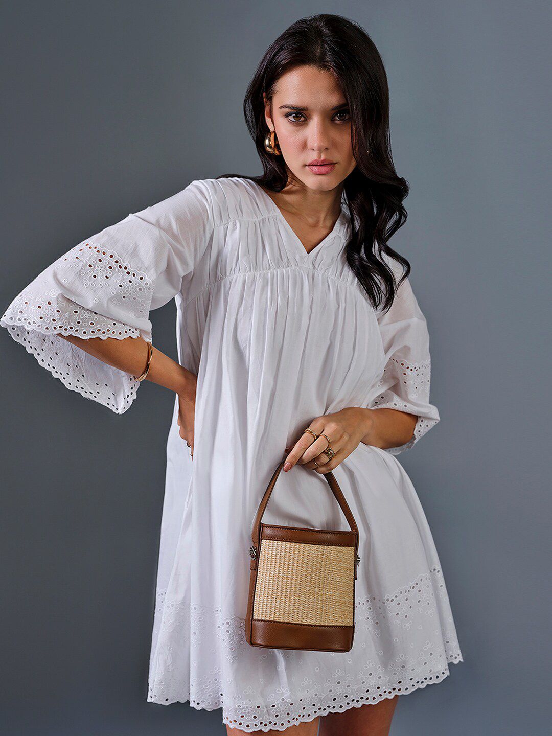 AND Striped V-Neck Bell Sleeve A-Line Dress