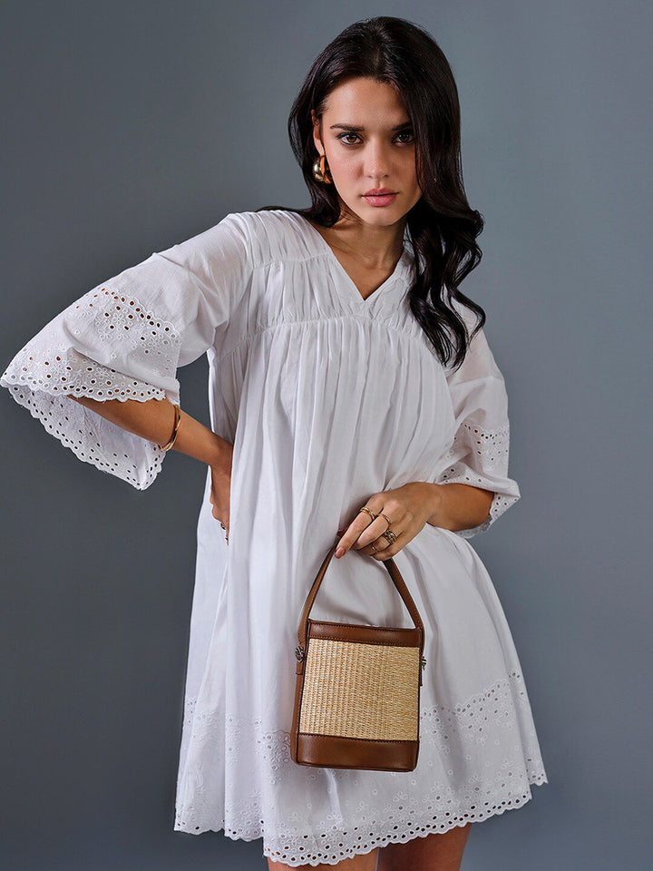 AND Striped V-Neck Bell Sleeve A-Line Dress
