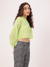 DressBerry Cute Feminine Tropical Printed Ruffled Crop Shirt