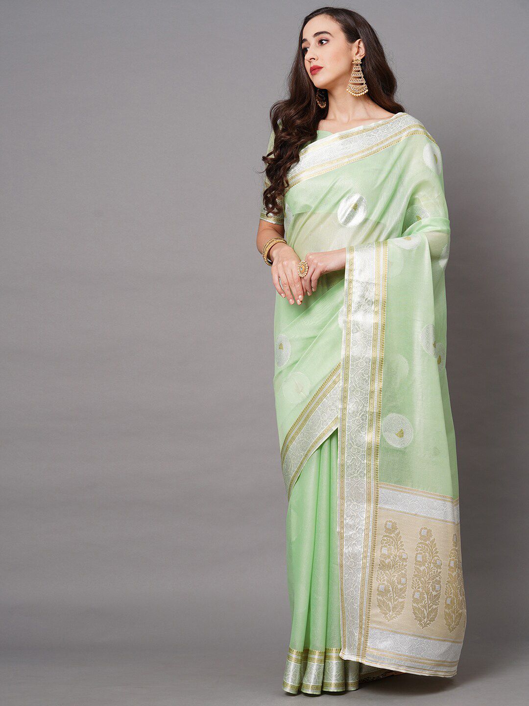 Saree mall Green & Silver-Toned Woven Design Silk Blend Banarasi Sarees