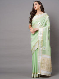 Saree mall Green & Silver-Toned Woven Design Silk Blend Banarasi Sarees