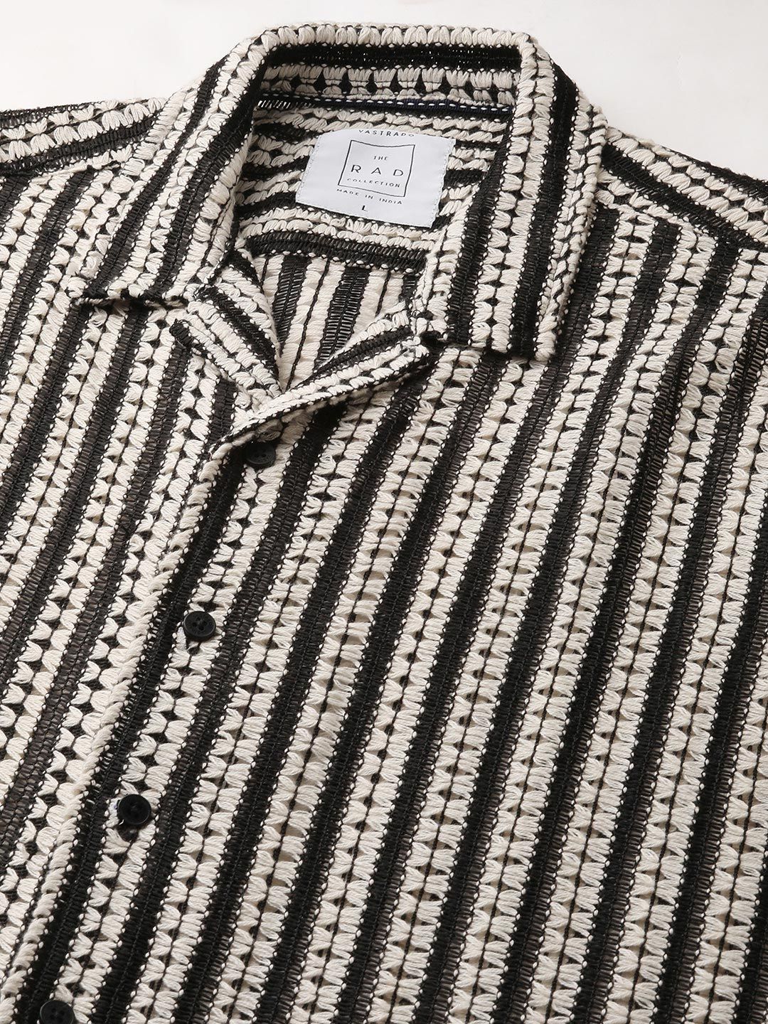 VASTRADO Men Classic Cuban Collar Multi Striped Pure Cotton Oversized Casual Shirt
