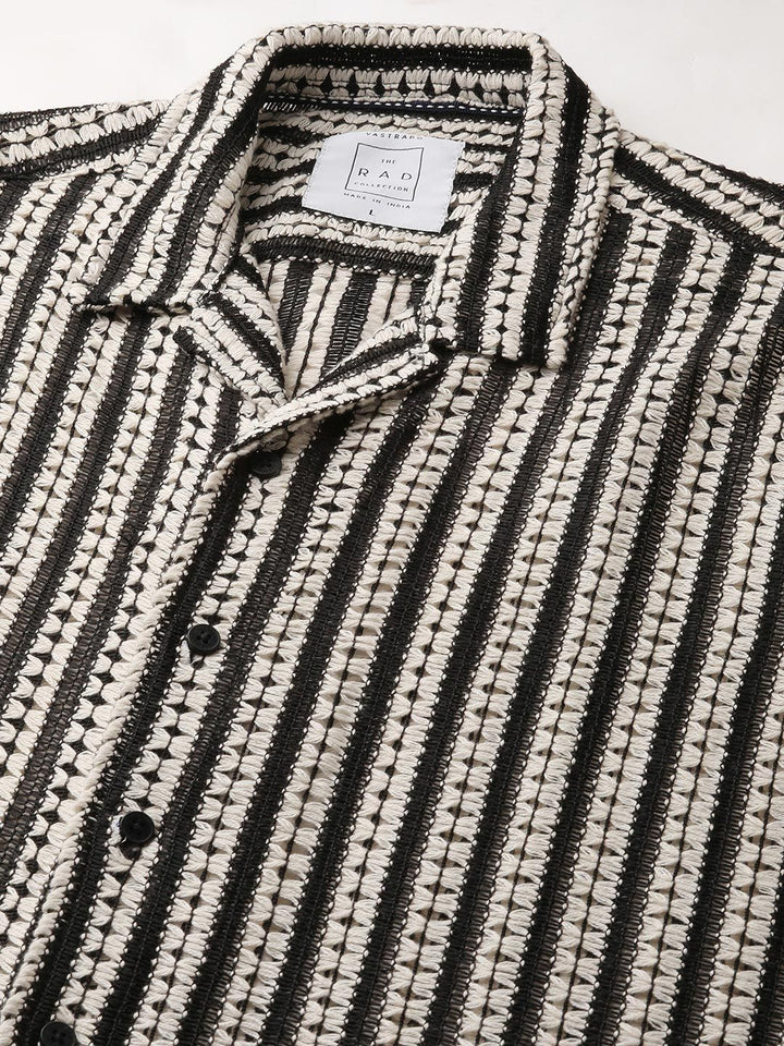 VASTRADO Men Classic Cuban Collar Multi Striped Pure Cotton Oversized Casual Shirt
