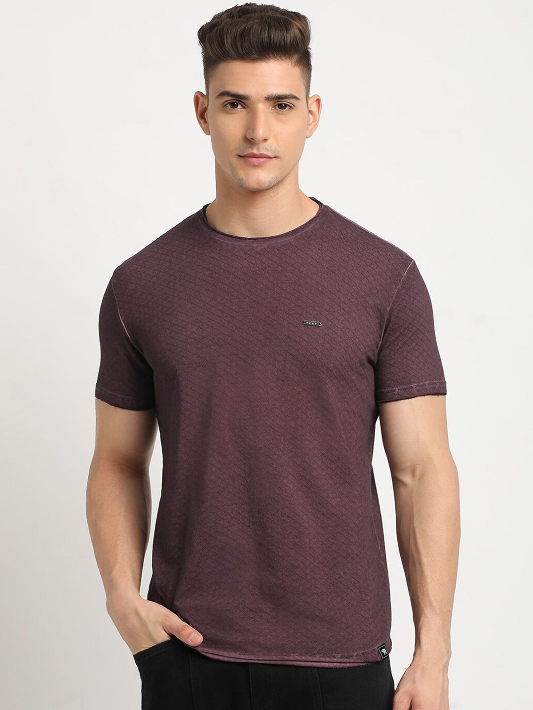 THE BEAR HOUSE Self Design Round Neck Short Sleeves Cotton T-shirt