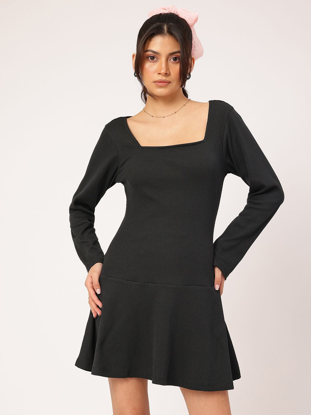 DressBerry Edgy Elegance Ribbed Drop-Waist Mini Dress