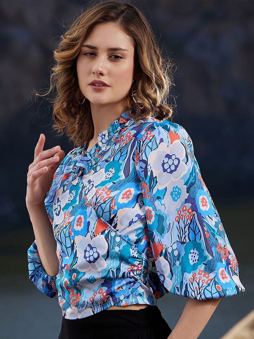 Athena Floral Printed Puff Sleeves Ruffles Wrap Crop Top