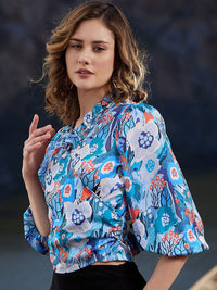 Athena Floral Printed Puff Sleeves Ruffles Wrap Crop Top