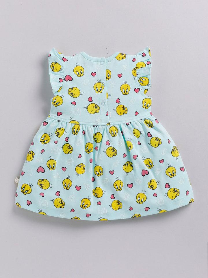 Happy Faces Girls Cotton Printed Flutter Sleeve Fit & Flare Dress