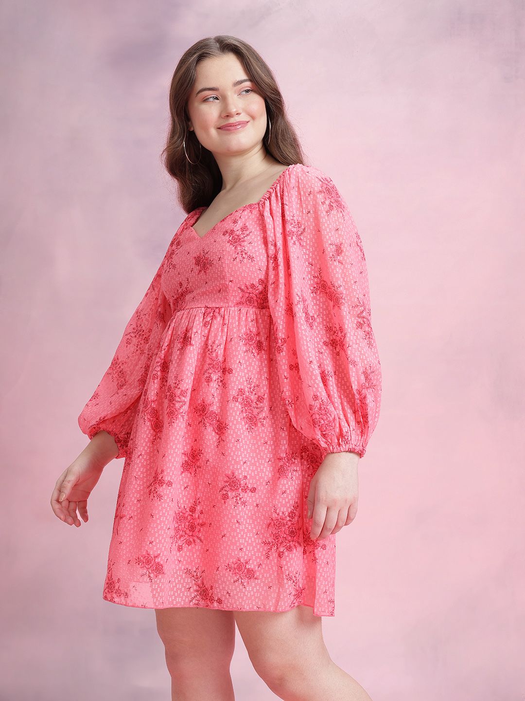 Pakaian Lengan Puff Fit & Flare Dressberry Floral Print