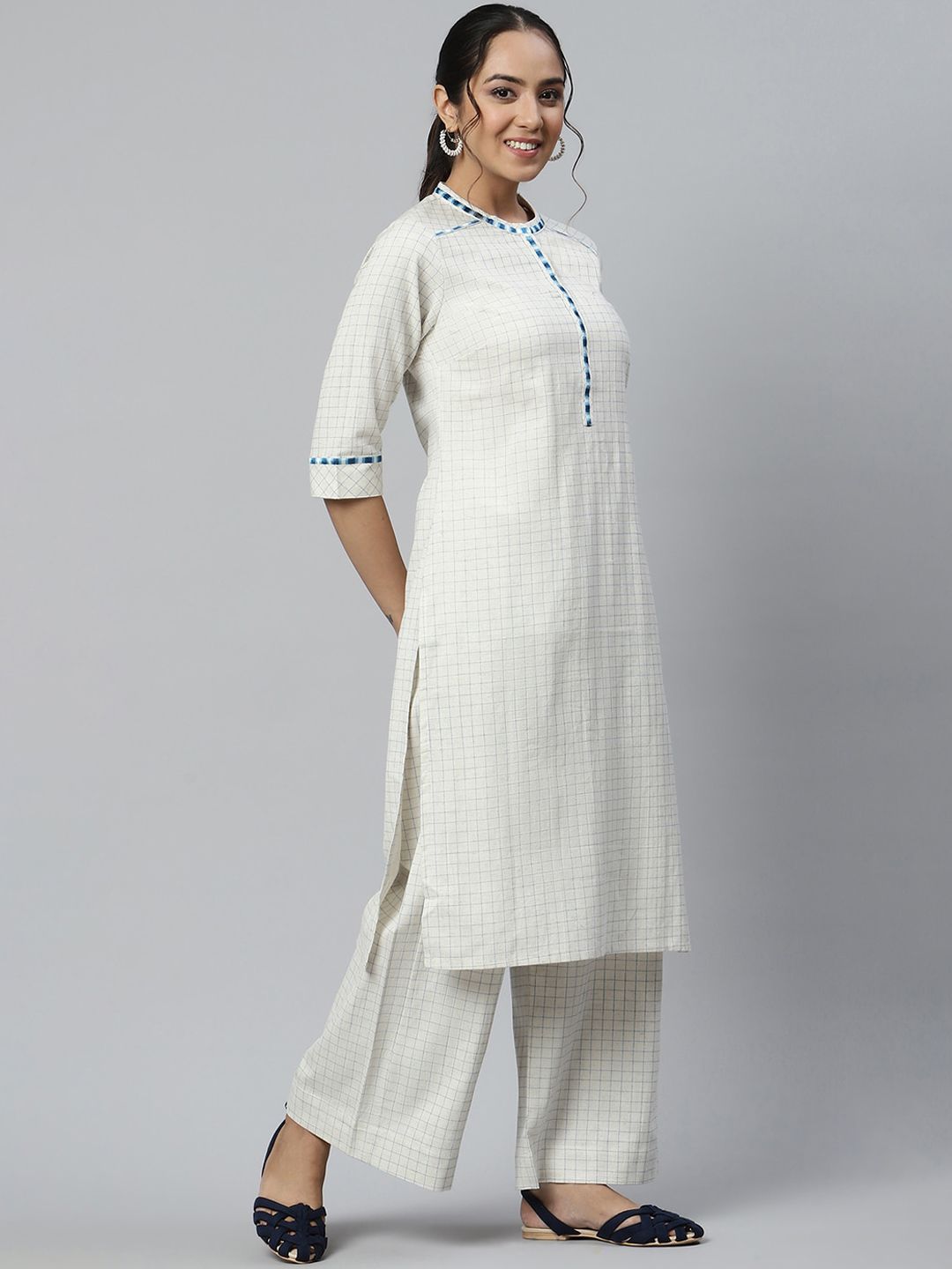 Aurelia Women Off White Geometric Print Cotton Blend Kurta Set with Palazzos