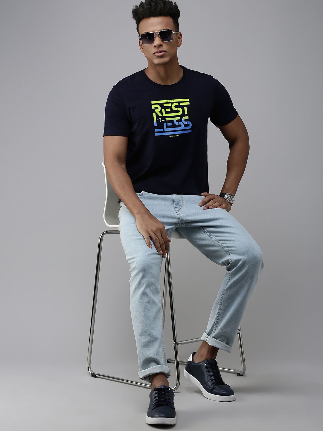SPYKAR Typography Print Round Neck Knitted Pure Cotton Slim Fit T-shirt