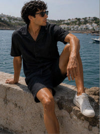 Eszett Black Textured Spread Collar Pure Cotton Shirt With Shorts Co-Ord Set