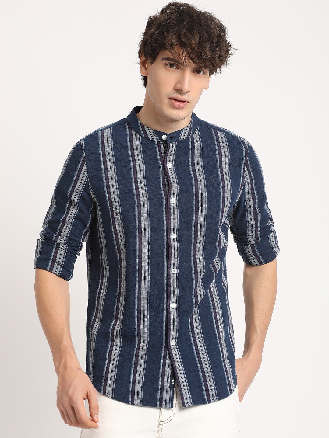THE BEAR HOUSE Men Striped Slim Fit Mandarin Collar Casual Shirt