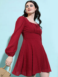 Tokyo Talkies Maroon Self Design Puff Sleeves Pleated Fit & Flare Dress