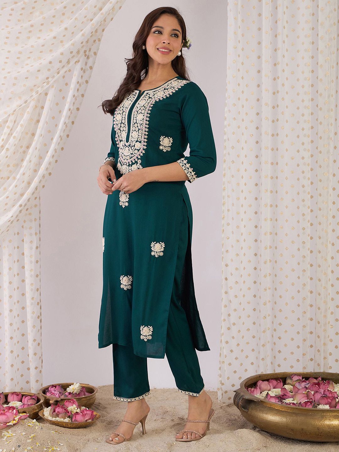 Indo Era Embroidered Round Neck Tunic With Trouser