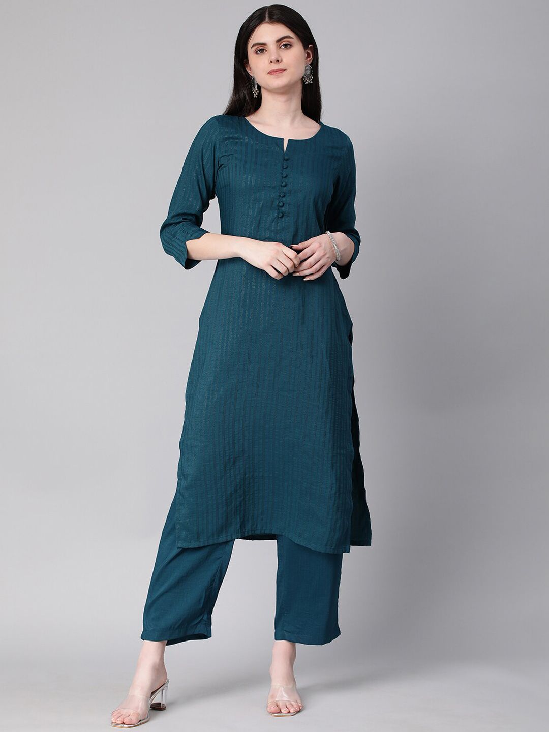 KALINI Woven Design Striped Straight Kurta With Trousers
