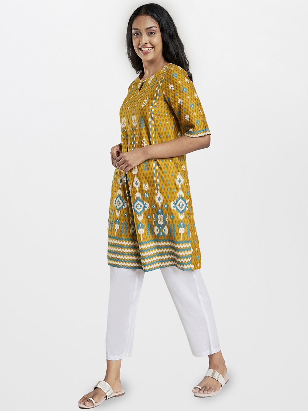 Global Desi Women Mustard Yellow Printed EcoVero A-Line Fusion Dress