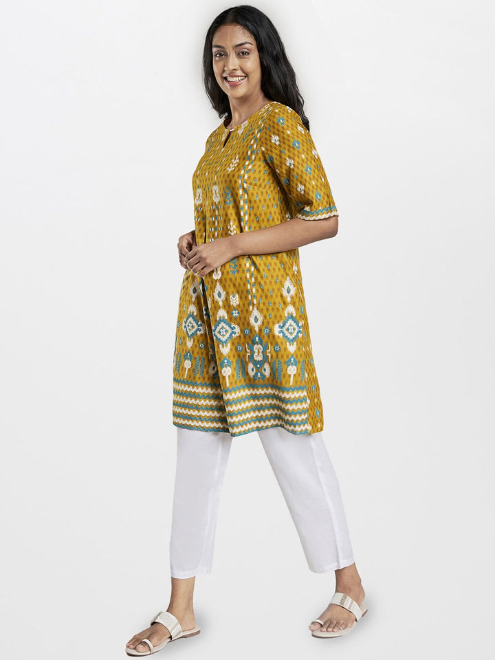 Global Desi Women Mustard Yellow Printed EcoVero A-Line Fusion Dress