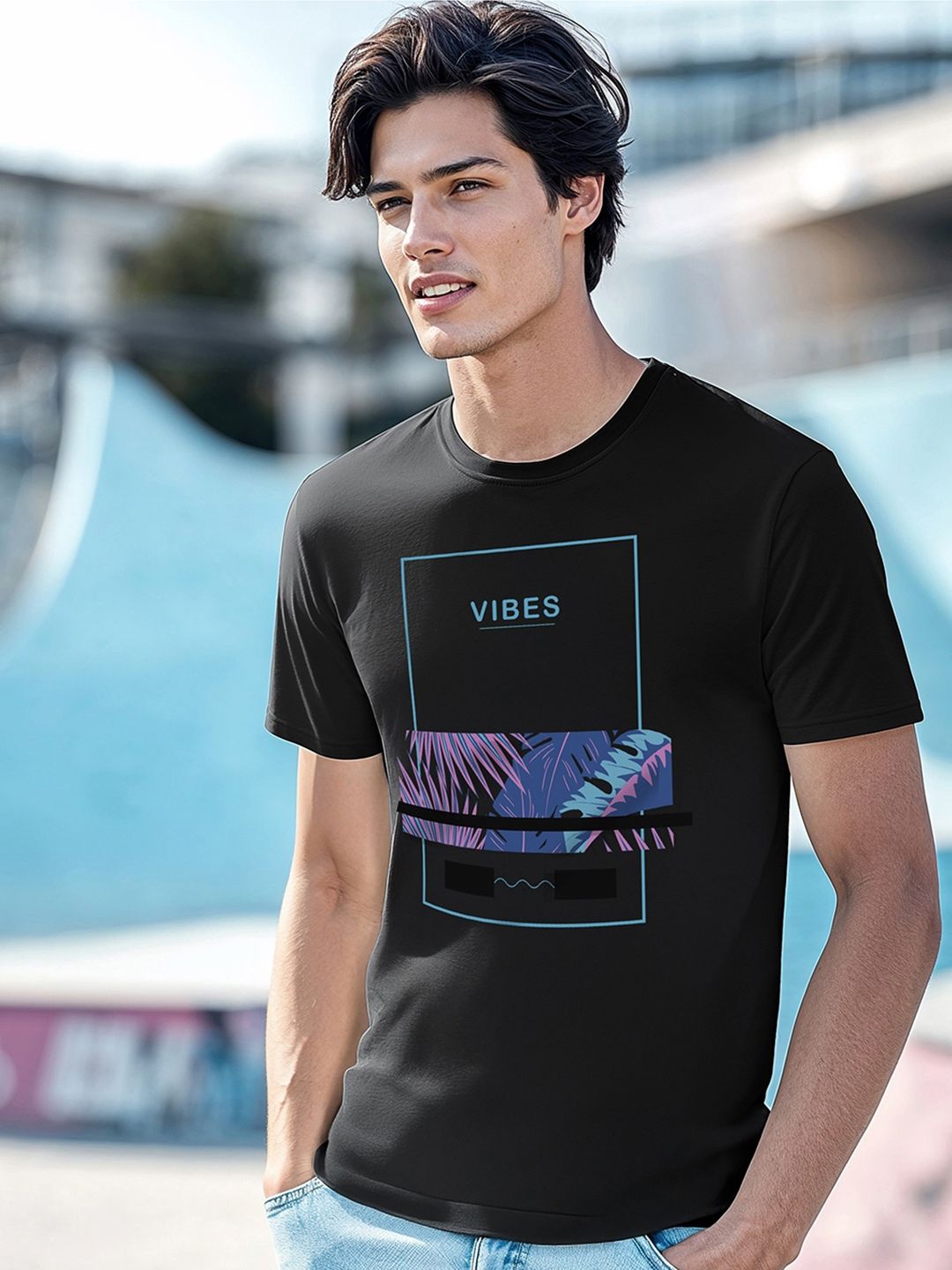 Bewakoof Men Black Printed Round Neck Pure Cotton T-shirt