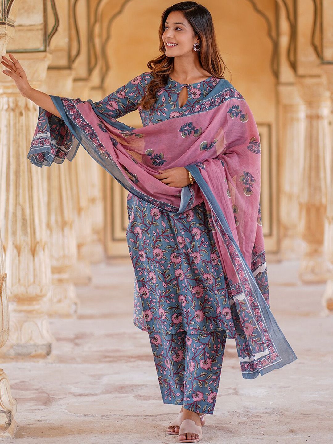 KALINI Floral Printed Regular Pure Cotton Kurta with Trousers & Dupatta