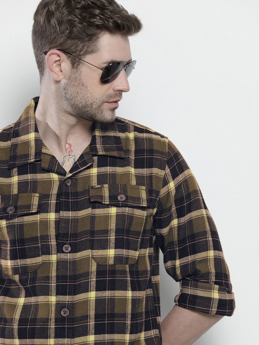 The Indian Garage Co Men Regular Fit Checked Double Flap Pocket Flannel Shirt