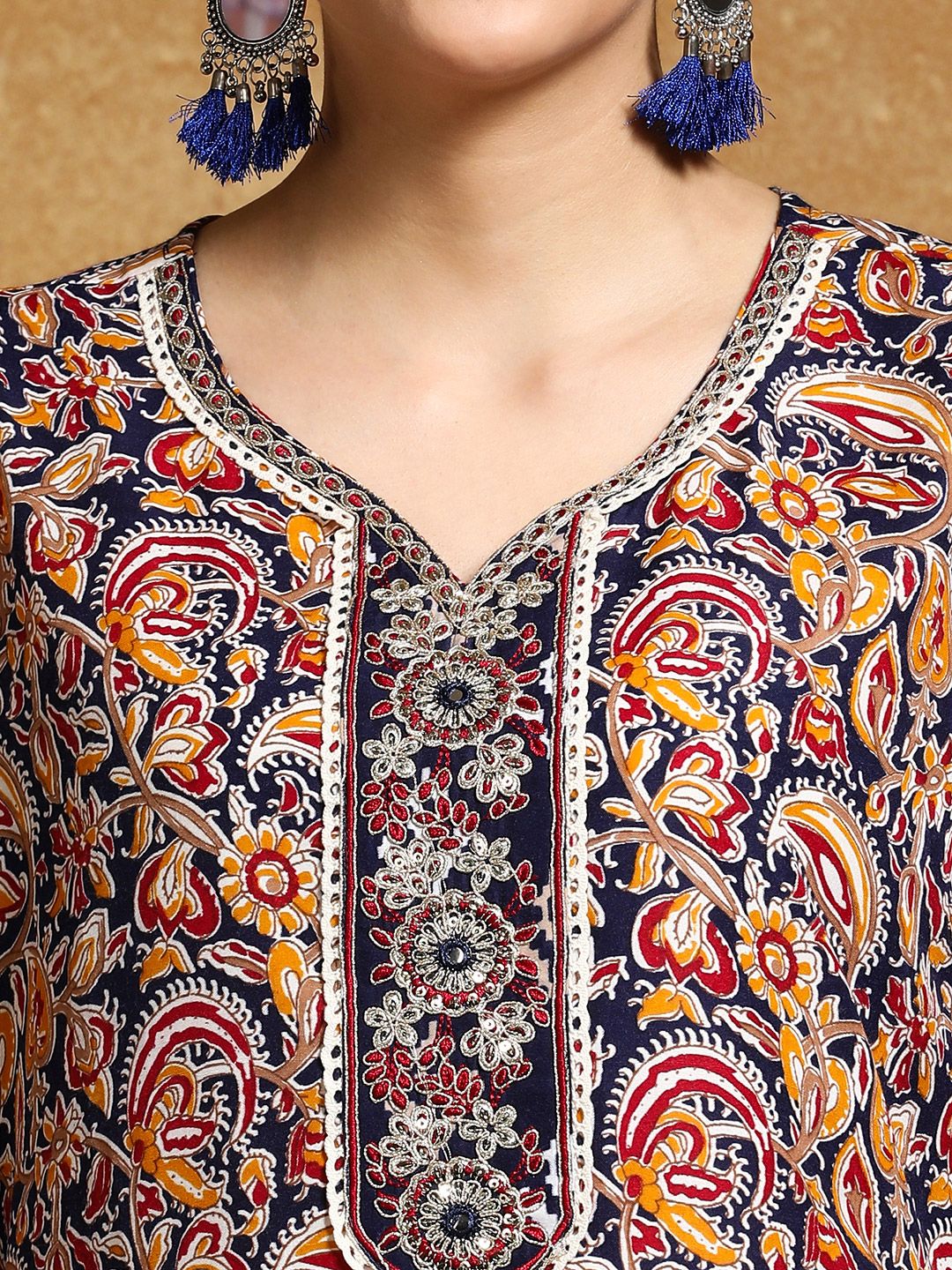 Varanga Floral Printed V-Neck Straight Kurta With Trousers And Dupatta