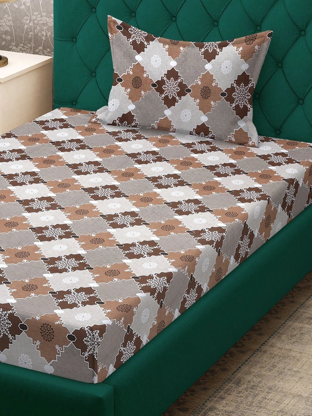 Moda Rapido X KLOTTHE Brown Geometric 400 TC Single Bedsheet with 1 Pillow Covers
