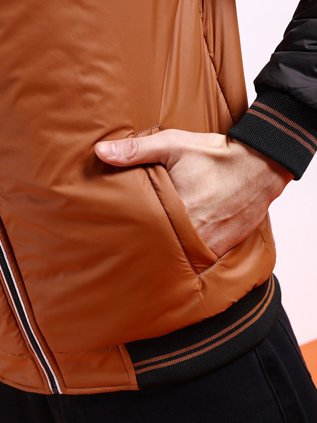 The Indian Garage Co Men Tan Colourblocked Outdoor Padded Jacket with Patchwork