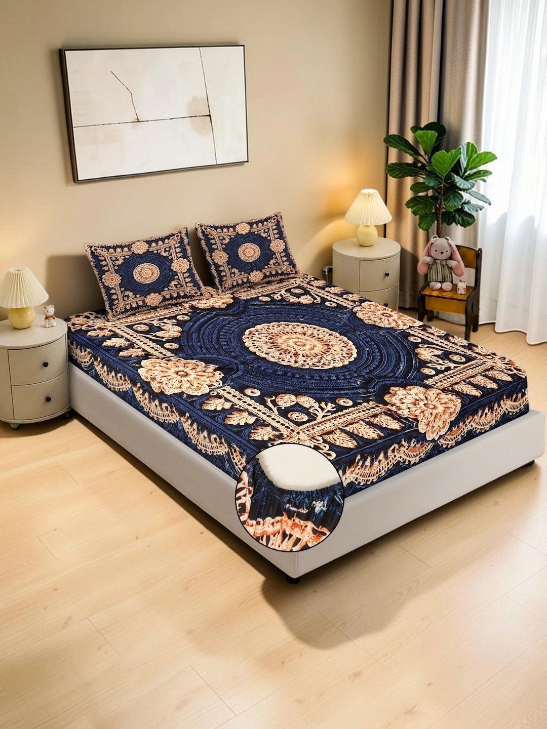 KLOTTHE Blue Floral 400 TC King Bedsheet with 2 Pillow Covers