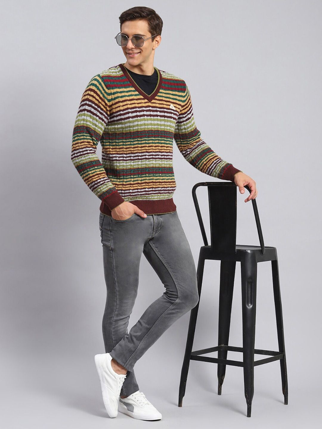 Monte Carlo V- Neck Striped Woollen Pullover
