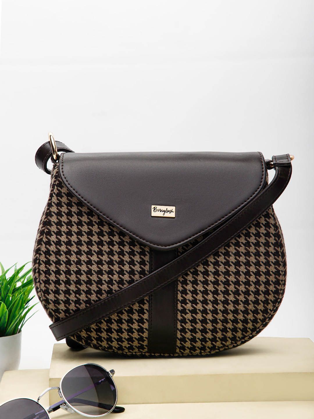 Berrylush Brown Geometric Self Design Structured Sling Bag