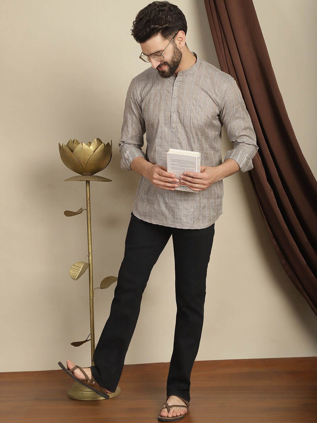 Anouk Striped Mandarin Collar Long Sleeves Cotton Kurta