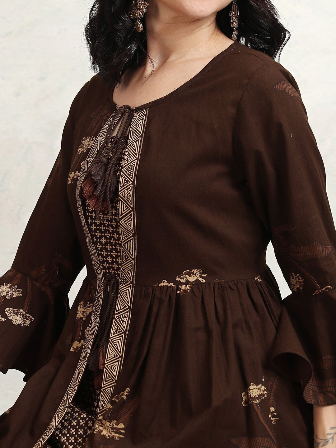 Vishudh Coffee Brown Printed Shoulder Straps Pure Cotton Top With Trouser And Jacket