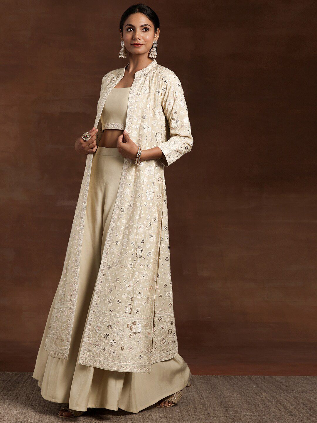 Libas Embroidered Sleeveless Top, Shrug & Palazzos Co-Ords