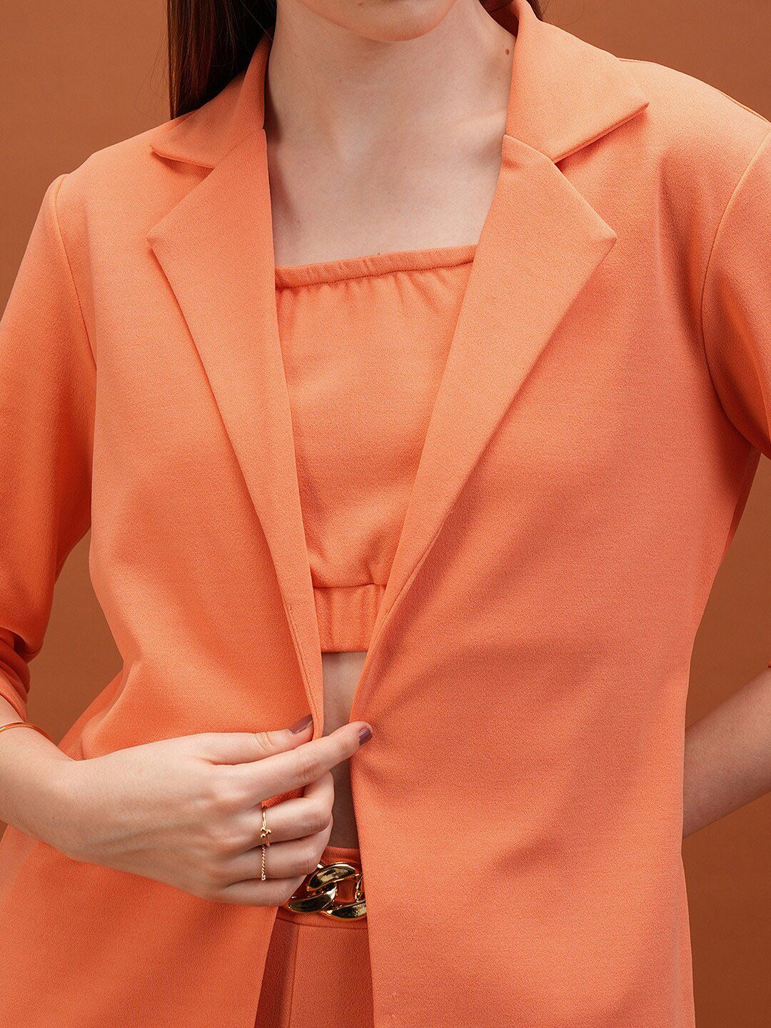 Tokyo Talkies Orange Coloured Square Neck Top Blazer & Trousers Co-Ords