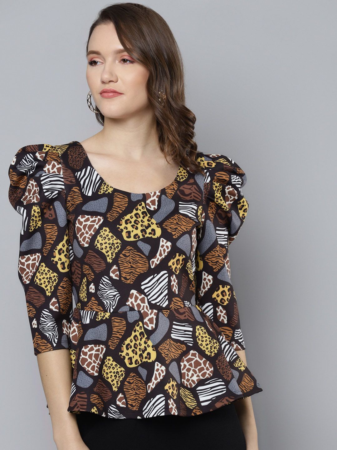 SASSAFRAS Black & Mustard Yellow Scuba Animal Print Peplum Top