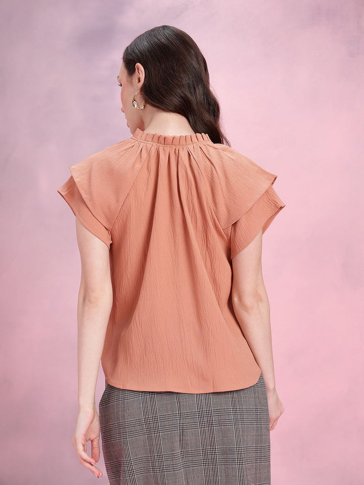 DressBerry Crinkled Effect Tie-Up Neck Flutter Sleeves Top with Ruffled Detail