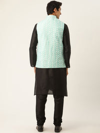 SOJANYA Men Black & Sea Green Solid Kurta with Churidar & Nehru Jacket